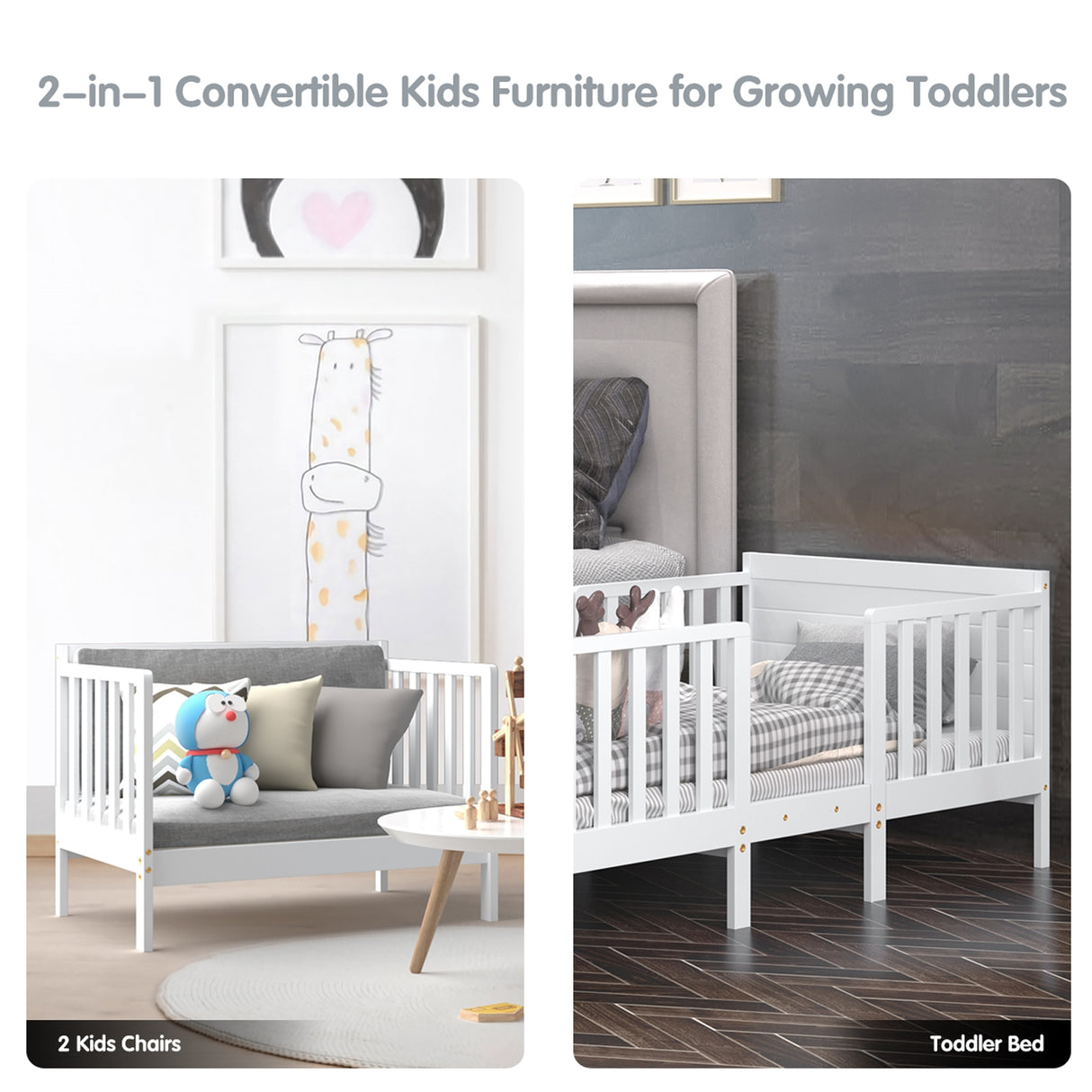 2-in-1 Convertible Kids Wooden Bedroom Furniture with Guardrails-White