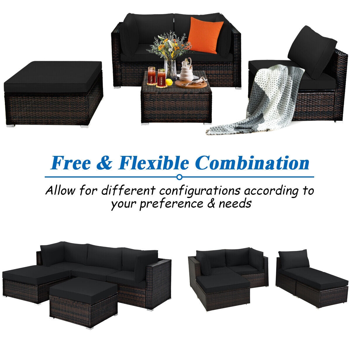 5 Pieces Patio Rattan Sectional Conversation Ottoman Furniture Set