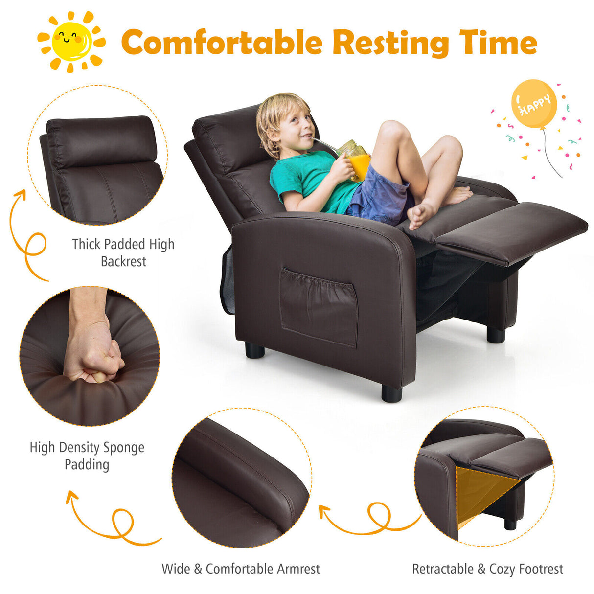 Ergonomic PU Leather Kids Recliner Lounge Sofa for 3-12 Age Group