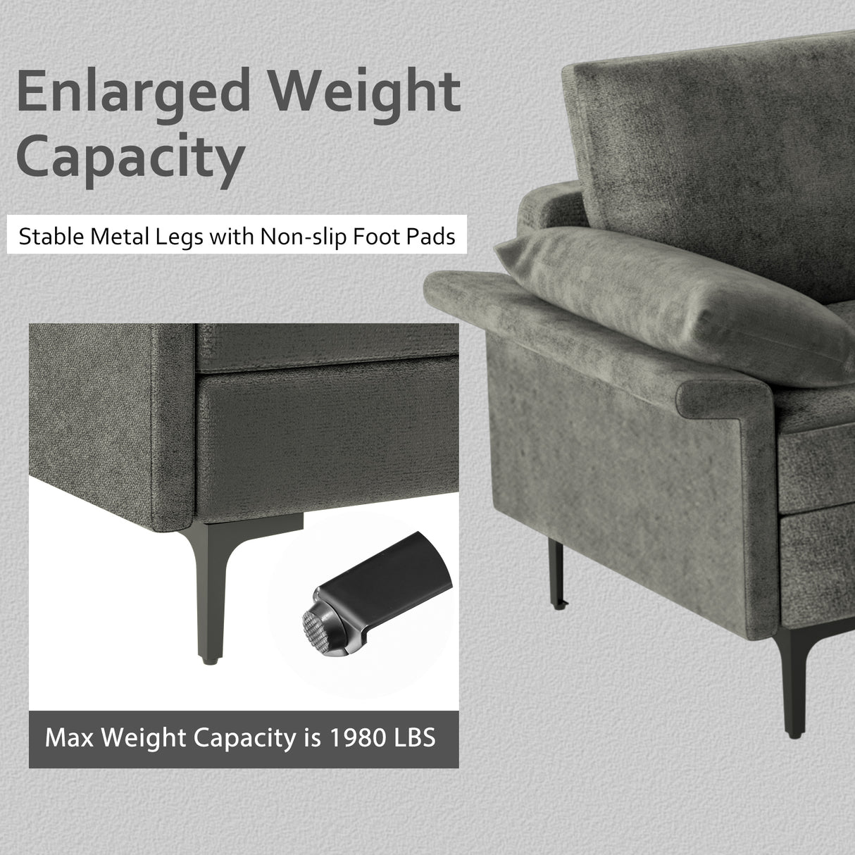 Large 3-Seat Sofa Sectional with Metal Legs and 2 USB Ports for 3-4 people