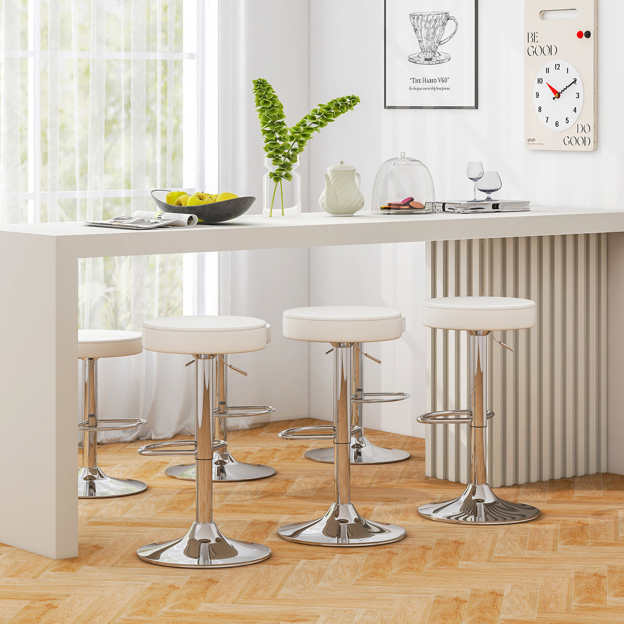 Set of 2 Adjustable Round PU Leather Swivel Barstool with Chrome Footrest
