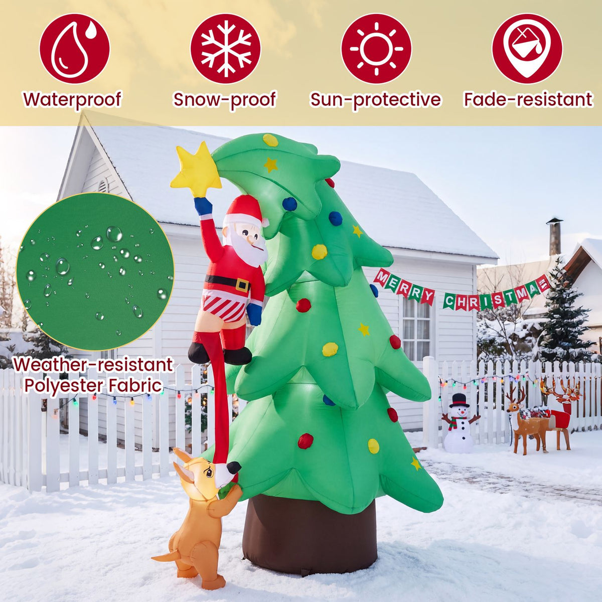 7.6 FT Inflatable Christmas Tree Outdoor Decoration with a Dog Chasing Santa Claus