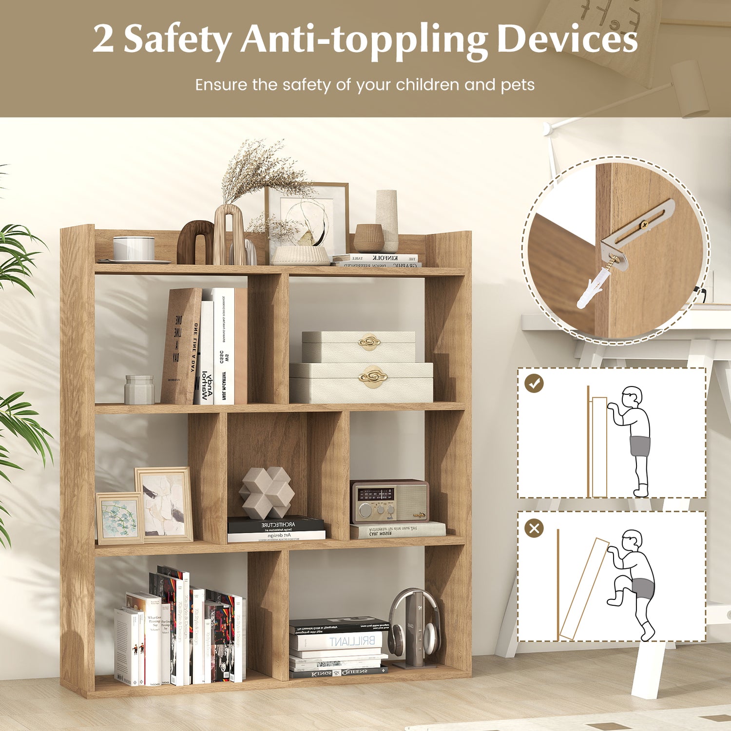 7 Cubes Open-back Bookshelf with Anti-Toppling Devices