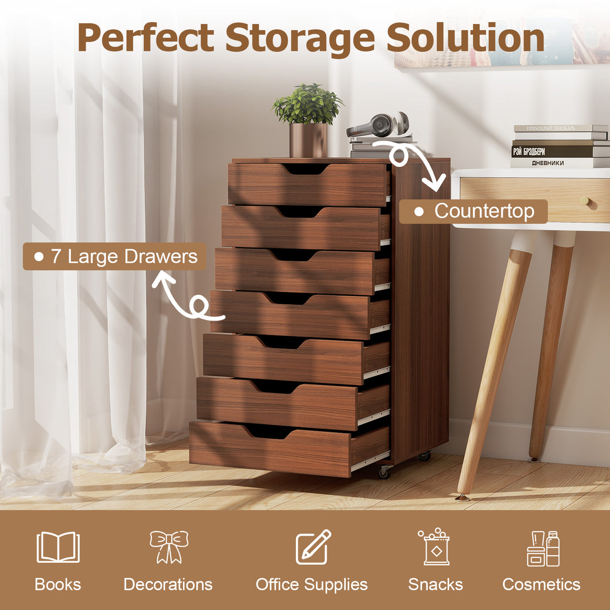 7-Drawer Chest Storage Dresser Floor Cabinet Organizer with Wheels