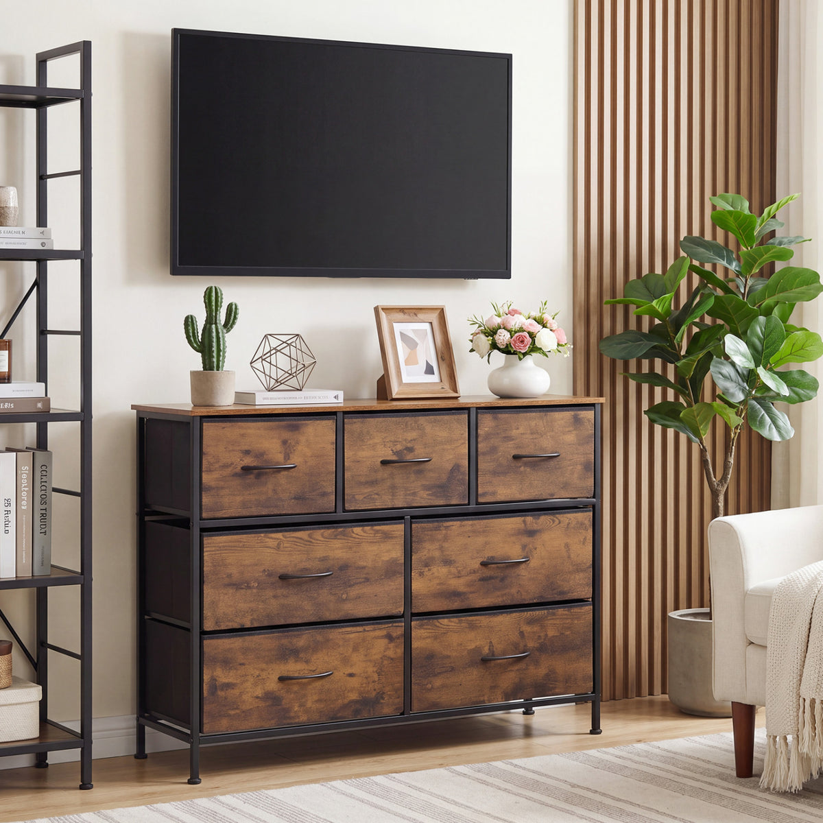 7-Drawer Wide Dresser with 2-Sized Folding Fabric Drawers for Bedroom