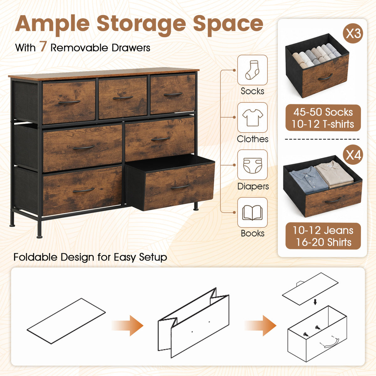 7-Drawer Wide Dresser with 2-Sized Folding Fabric Drawers for Bedroom