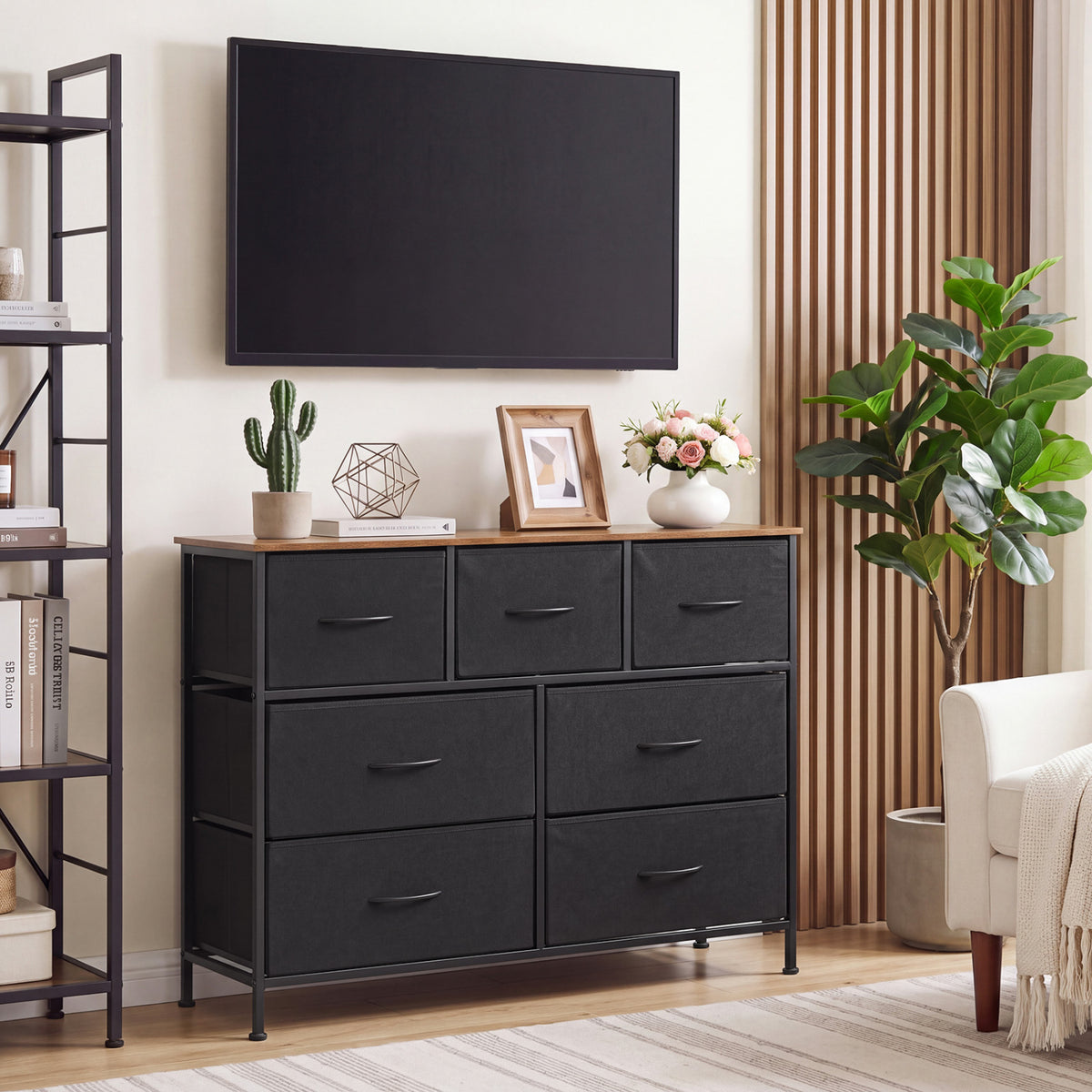 7-Drawer Wide Dresser with 2-Sized Folding Fabric Drawers for Bedroom