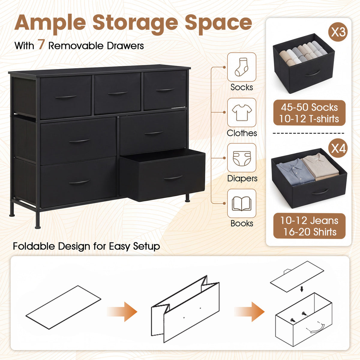 7-Drawer Wide Dresser with 2-Sized Folding Fabric Drawers for Bedroom