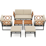 7 Piece Outdoor Conversation Set with Cushions and Bungee Rope Seat-Beige