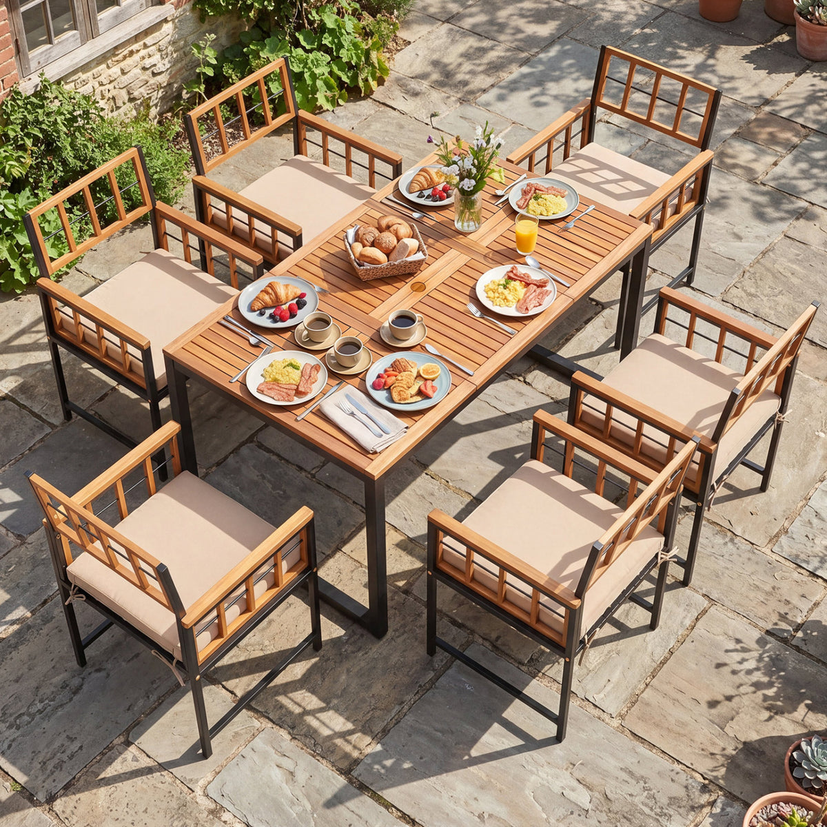 7-Piece Outdoor Dining Set with Acacia Wood Table & Chairs and Umbrella Hole-Natural & Black