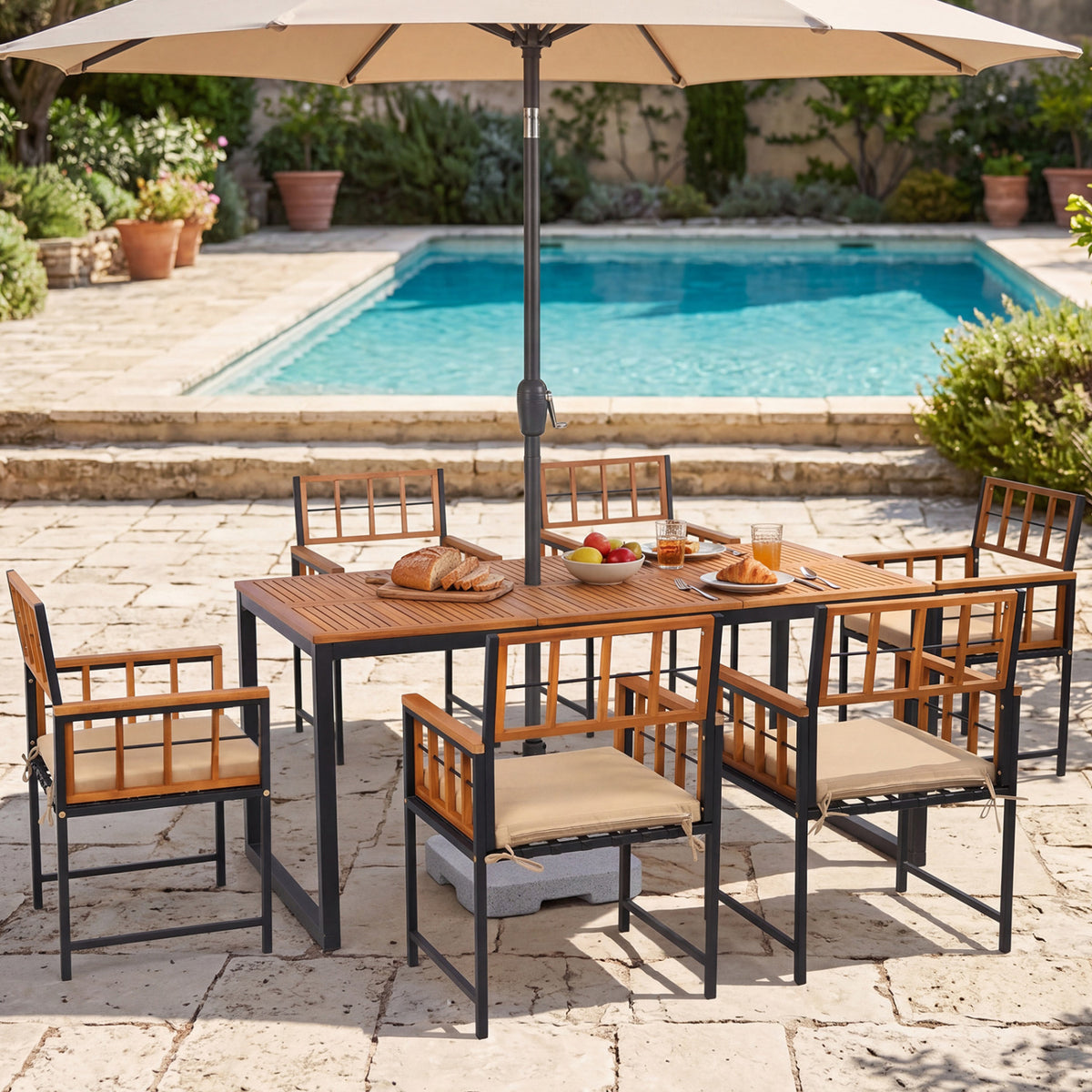 7-Piece Outdoor Dining Set with Acacia Wood Table & Chairs and Umbrella Hole-Natural & Black