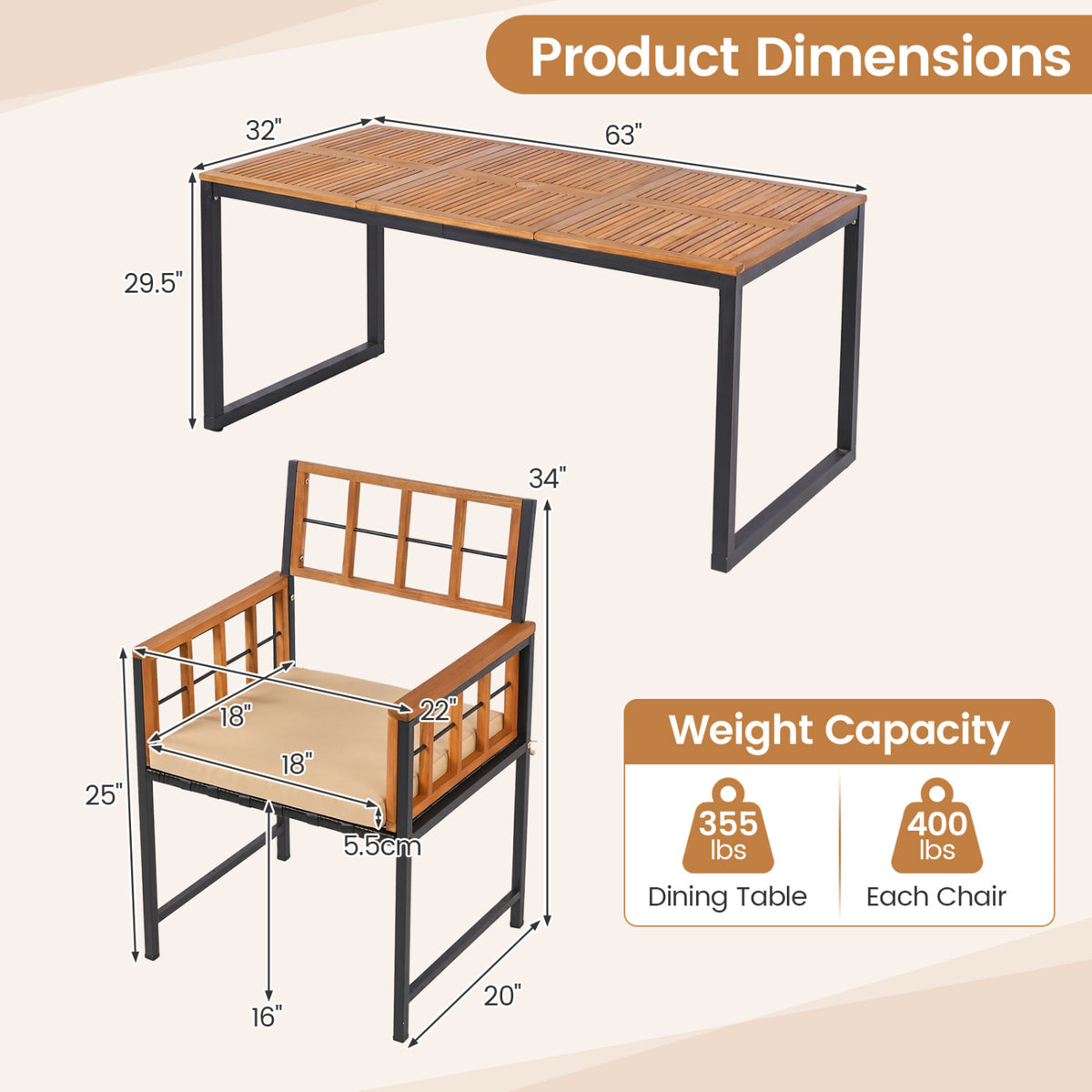 7-Piece Outdoor Dining Set with Acacia Wood Table & Chairs and Umbrella Hole-Natural & Black