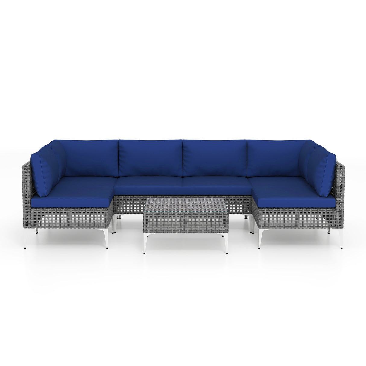 7 Piece Outdoor Furniture Set Wicker Chairs with Tempered Glass Coffee Table-Navy