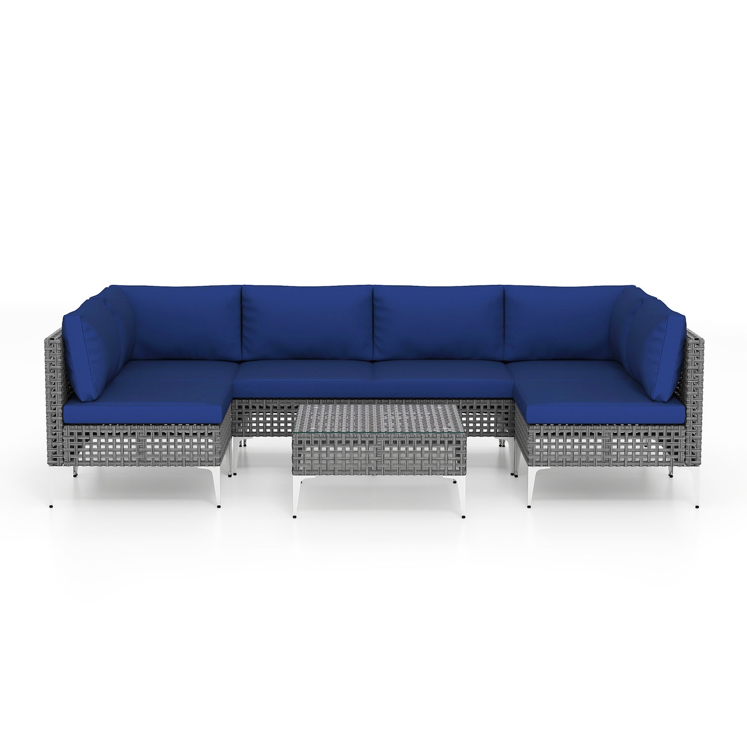 7 Piece Outdoor Furniture Set Wicker Chairs with Tempered Glass Coffee Table-Navy