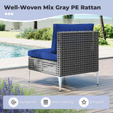 7 Piece Outdoor Furniture Set Wicker Chairs with Tempered Glass Coffee Table-Navy