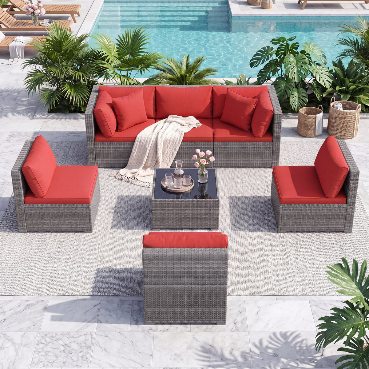 7-Piece PE Rattan Patio Set with Glass Table & Soft Cushions for Outdoor-Red