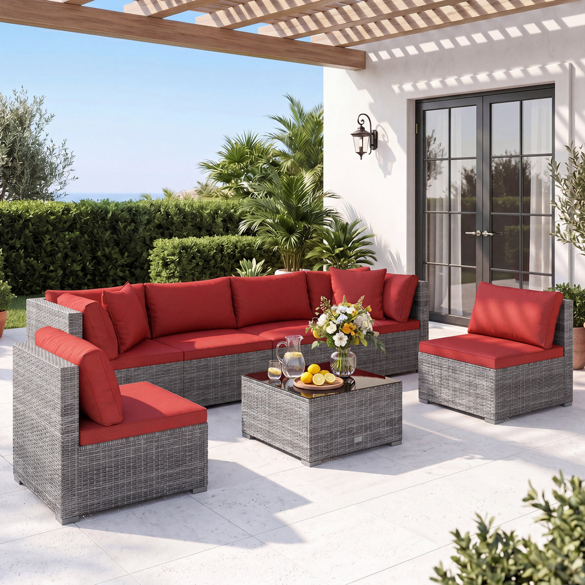 7-Piece PE Rattan Patio Set with Glass Table & Soft Cushions for Outdoor-Red