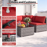 7-Piece PE Rattan Patio Set with Glass Table & Soft Cushions for Outdoor-Red