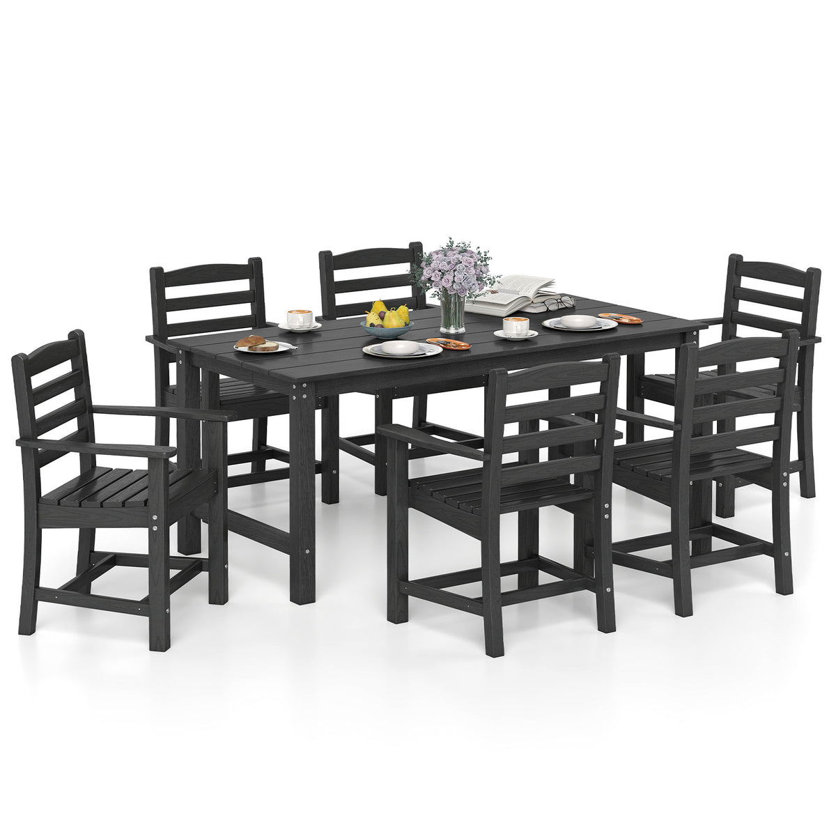 7 Pieces Outdoor Dining Table Set for 6 People 67 Inch HDPE Patio Rectangle Table and 6 Armchairs