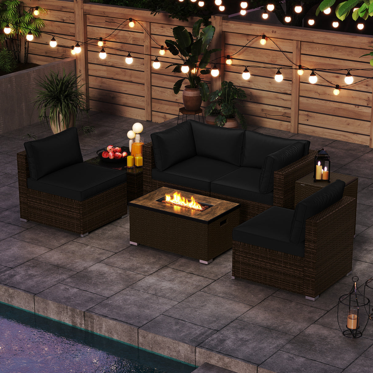 7 Pieces Outdoor Furniture Set with 32 Inch Fire Pit Table and Propane Tank Cover