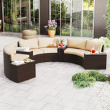 7 Pieces Patio Furniture Set PE Rattan Half-Moon Curved Sofas with Side Tables-Brown