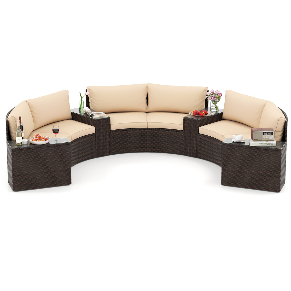 7 Pieces Patio Furniture Set PE Rattan Half-Moon Curved Sofas with Side Tables-Brown