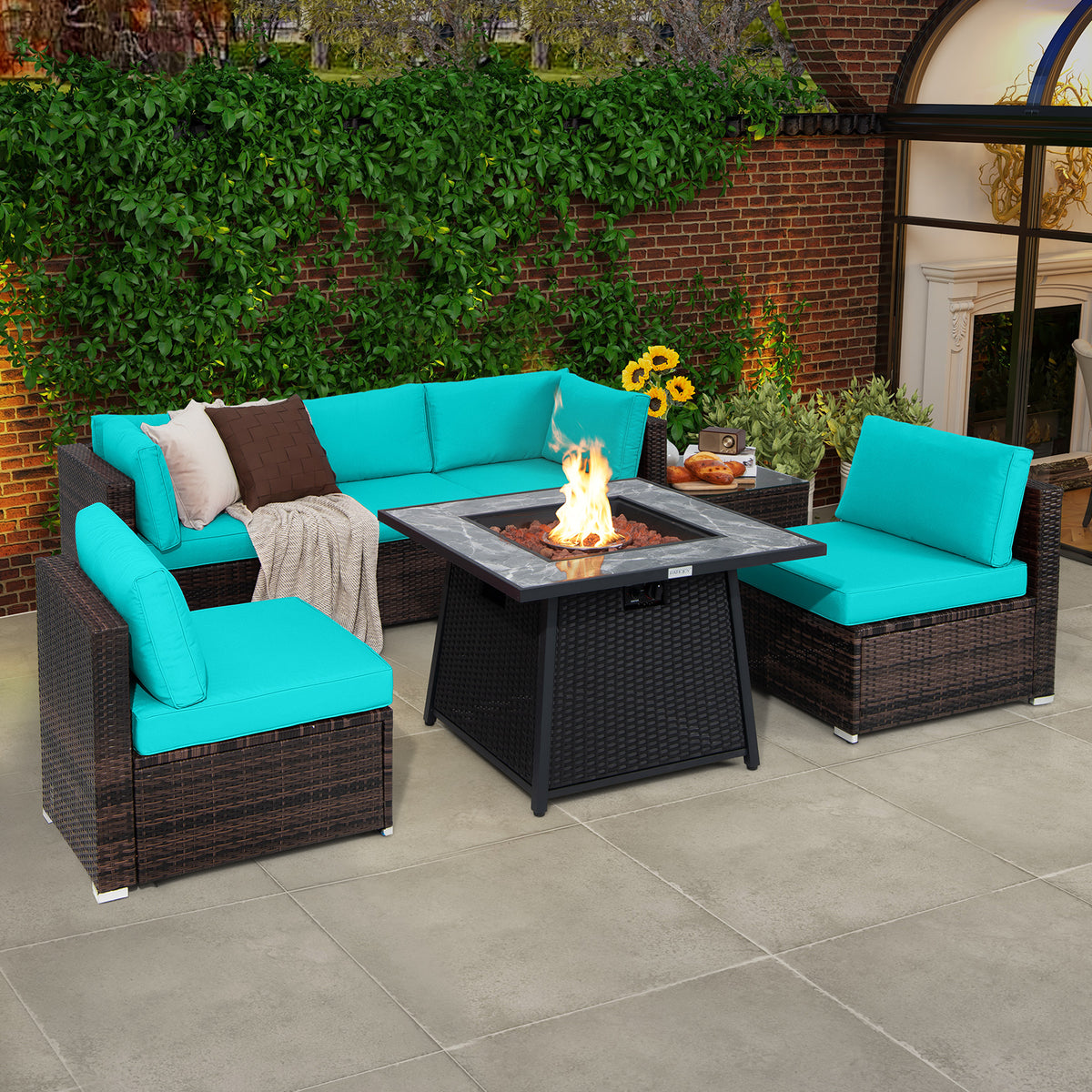 7 Pieces Patio Furniture Set with 35 Inches 50000 BTU Propane Gas Fire Pit Table and Waterproof Cover for Firpit