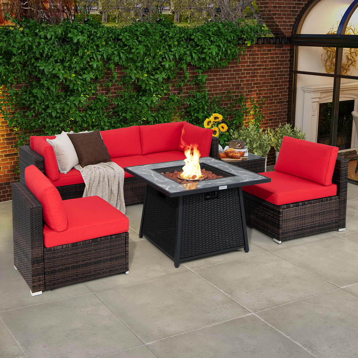 7 Pieces Patio Furniture Set with 35 Inches 50000 BTU Propane Gas Fire Pit Table and Waterproof Cover for Firpit