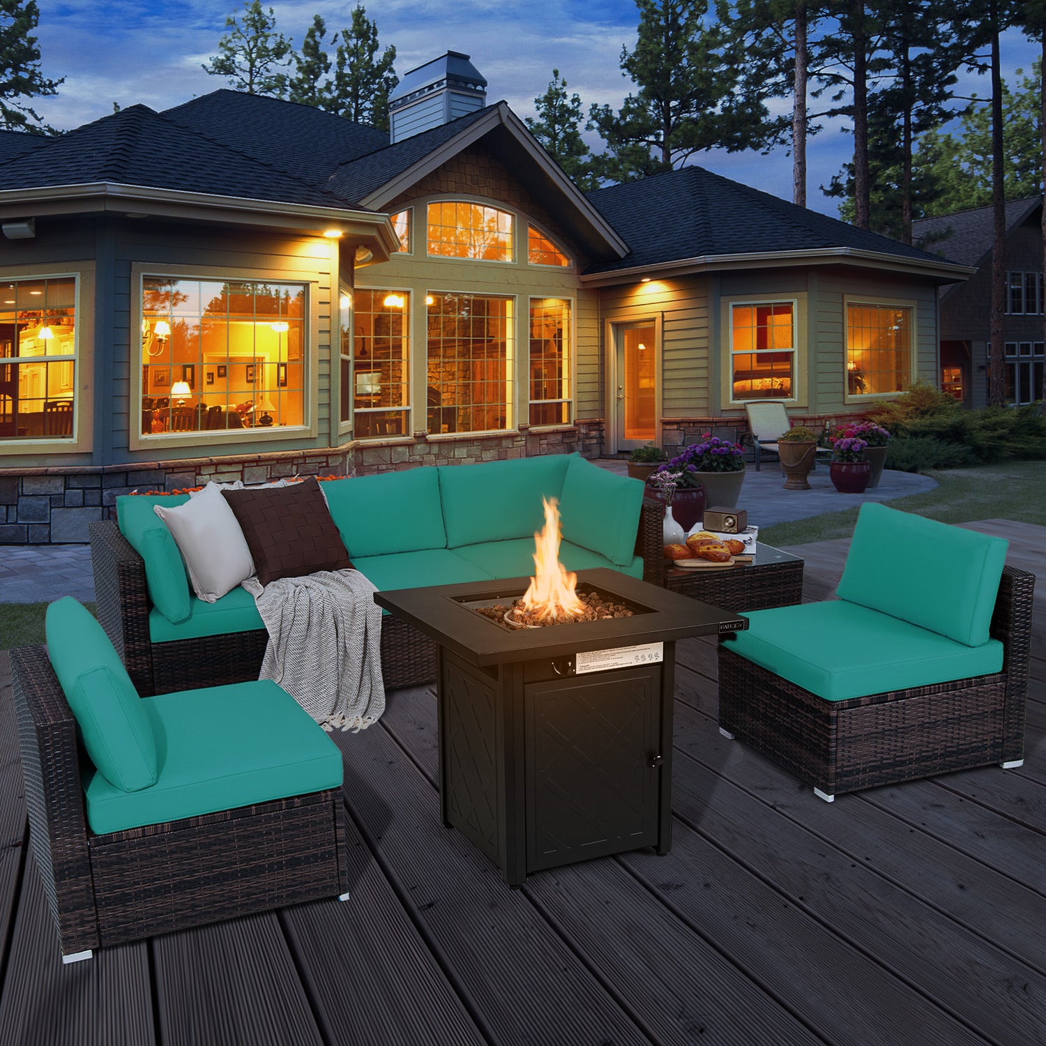 7 Pieces Patio Furniture Set with 28 Inches 50000 BTU Propane Gas Fire Pit Table
