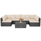 7 Pieces Patio Rattan Furniture Set Sectional Sofa Garden Cushion