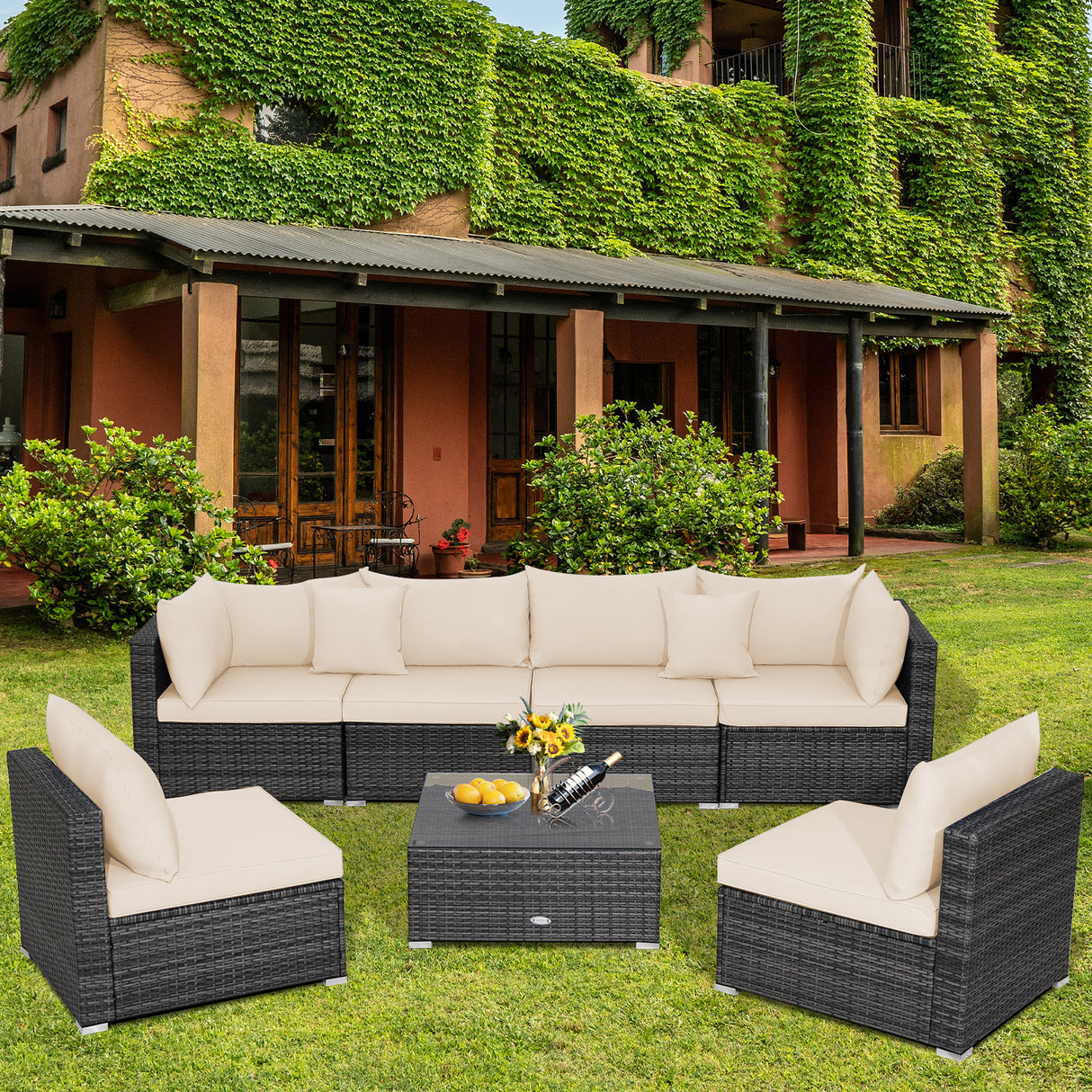 7 Pieces Patio Rattan Furniture Set Sectional Sofa Garden Cushion