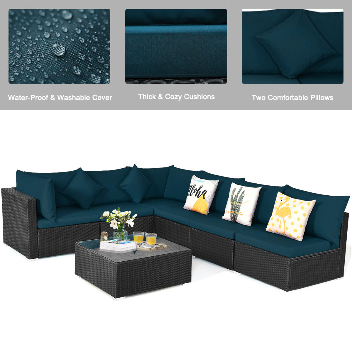 7-Piece Outdoor Sectional Wicker Patio Sofa Set with Tempered Glass Top