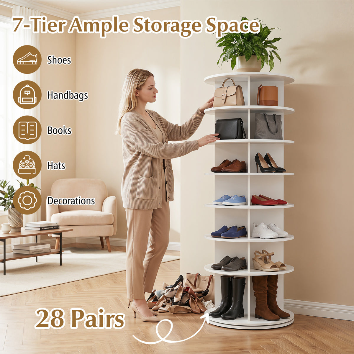 7-Tier Rotating Shoe Rack Tower Freestanding Spinning Shoe Organizer