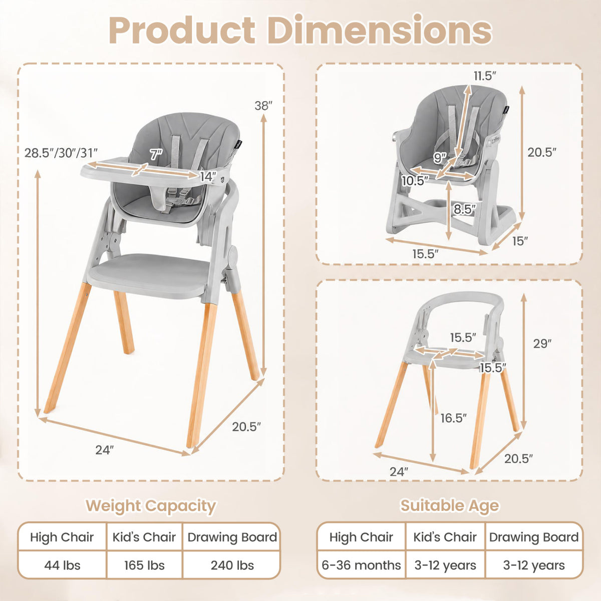 7-in-1 Convertible Foldable Baby High Chair with Adjustable Tray for Kids