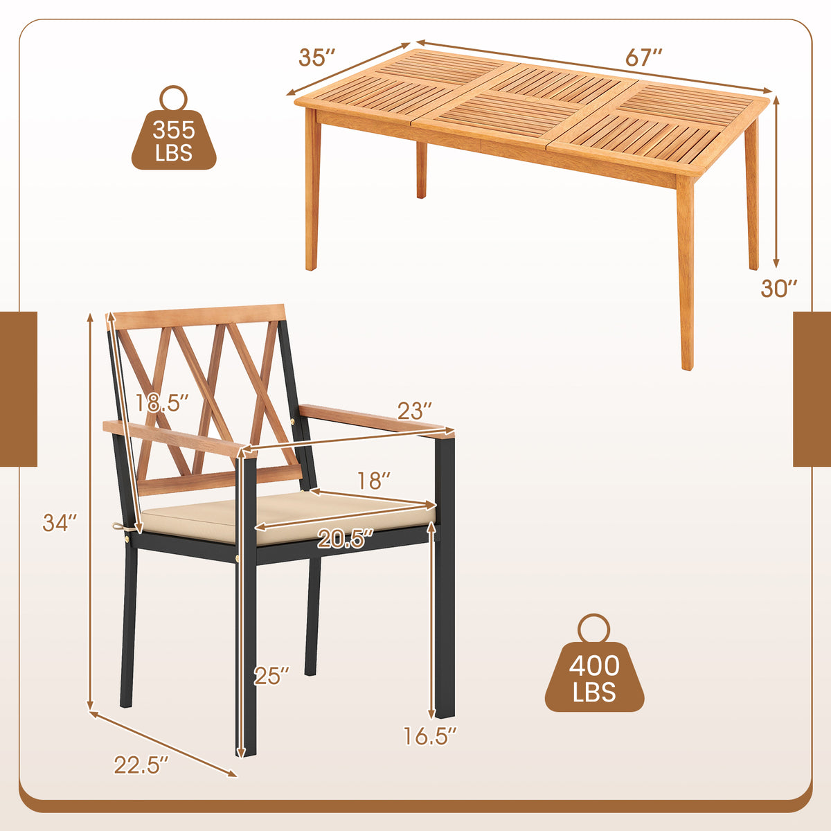 7 Piece Patio Acacia Wood Dining Set Solid Wooden Dining Furniture with Umbrella Hole