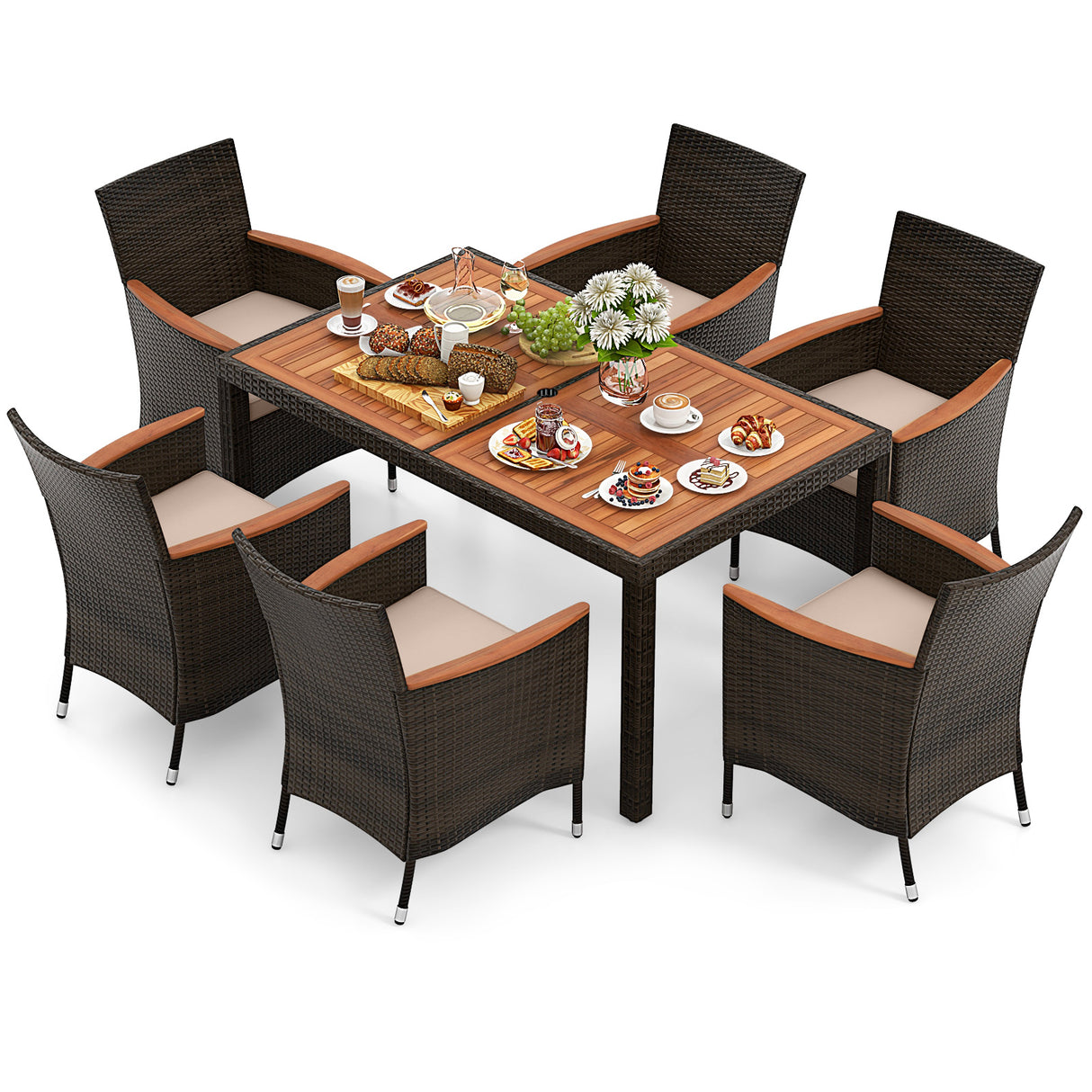 7 Pieces Garden Dining Patio Rattan Set with Cushions for Backyard