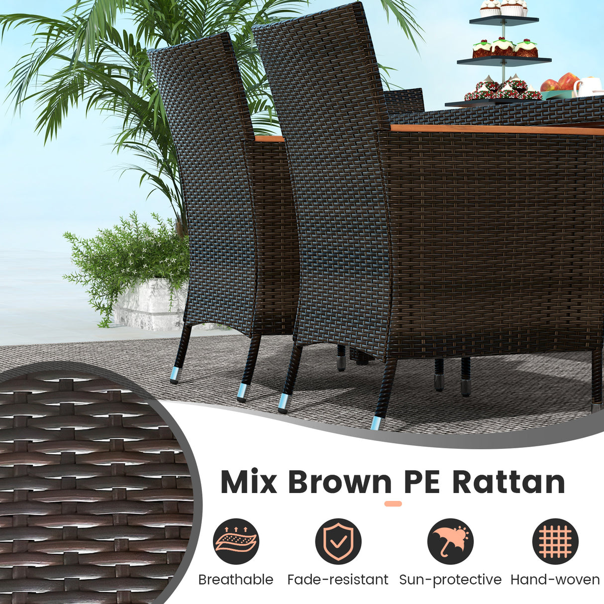 7 Pieces Garden Dining Patio Rattan Set with Cushions for Backyard