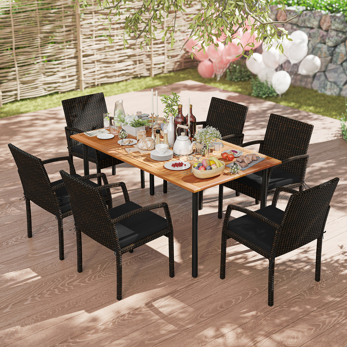 7 Pieces Patio Rattan Cushioned Dining Set with Umbrella Hole