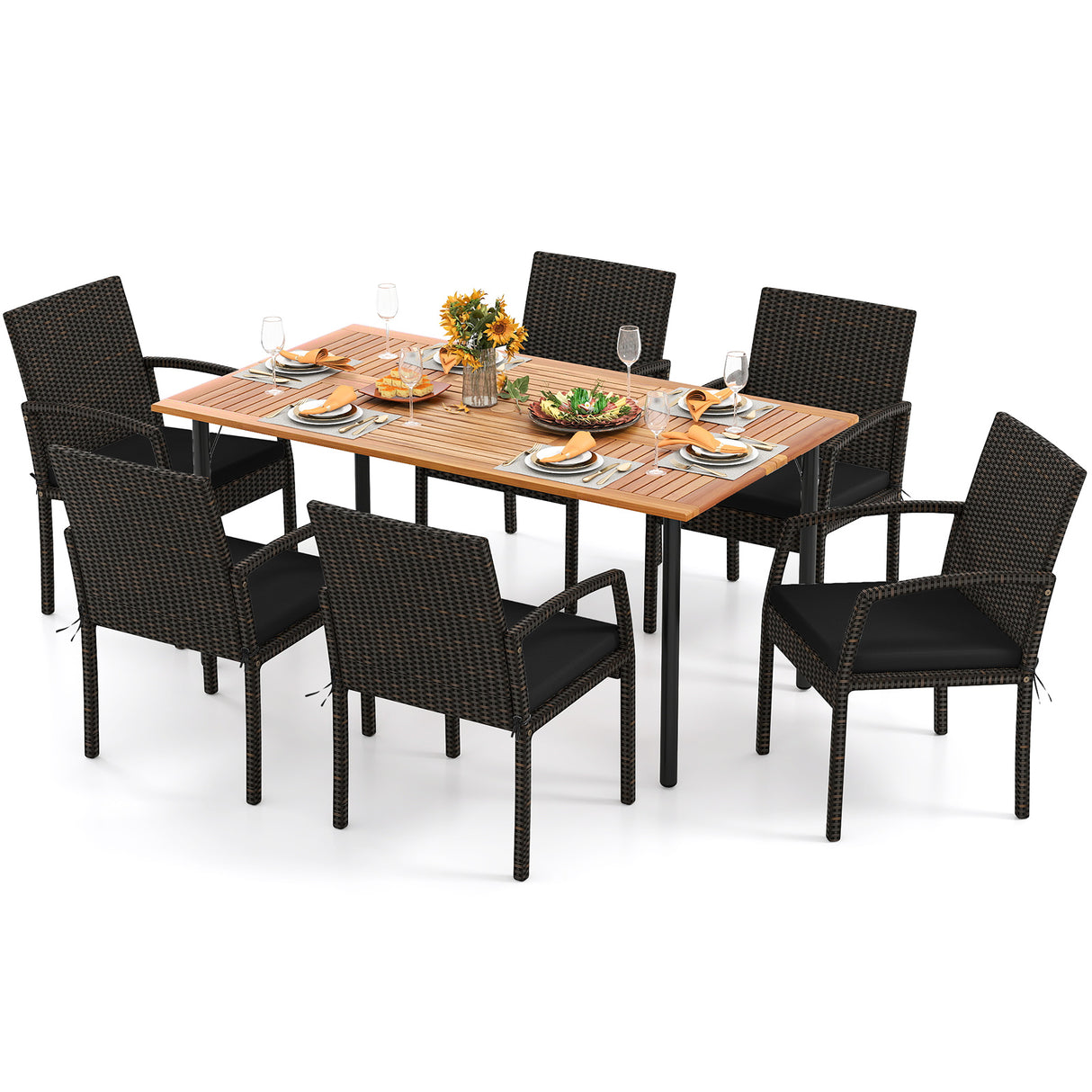 7 Pieces Patio Rattan Cushioned Dining Set with Umbrella Hole