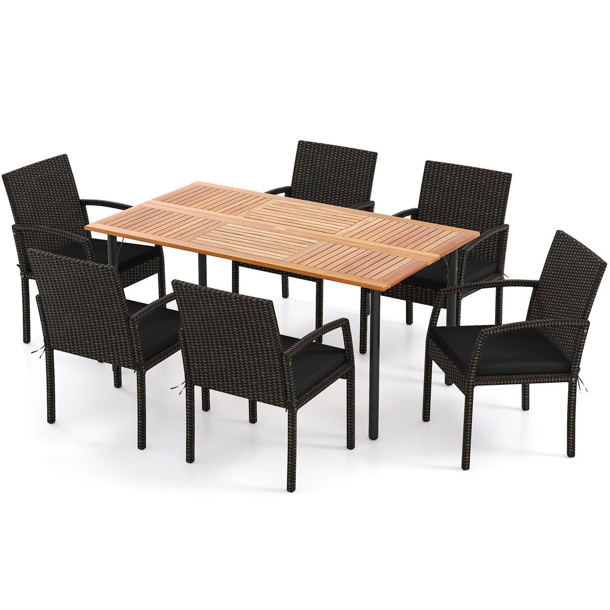 7 Pieces Patio Rattan Cushioned Dining Set with Umbrella Hole