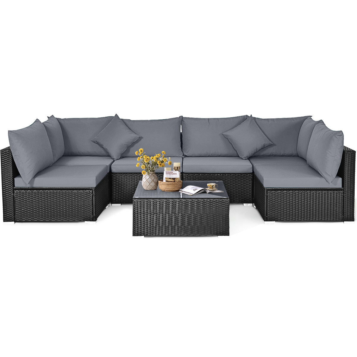 7-Piece Outdoor Sectional Wicker Patio Sofa Set with Tempered Glass Top