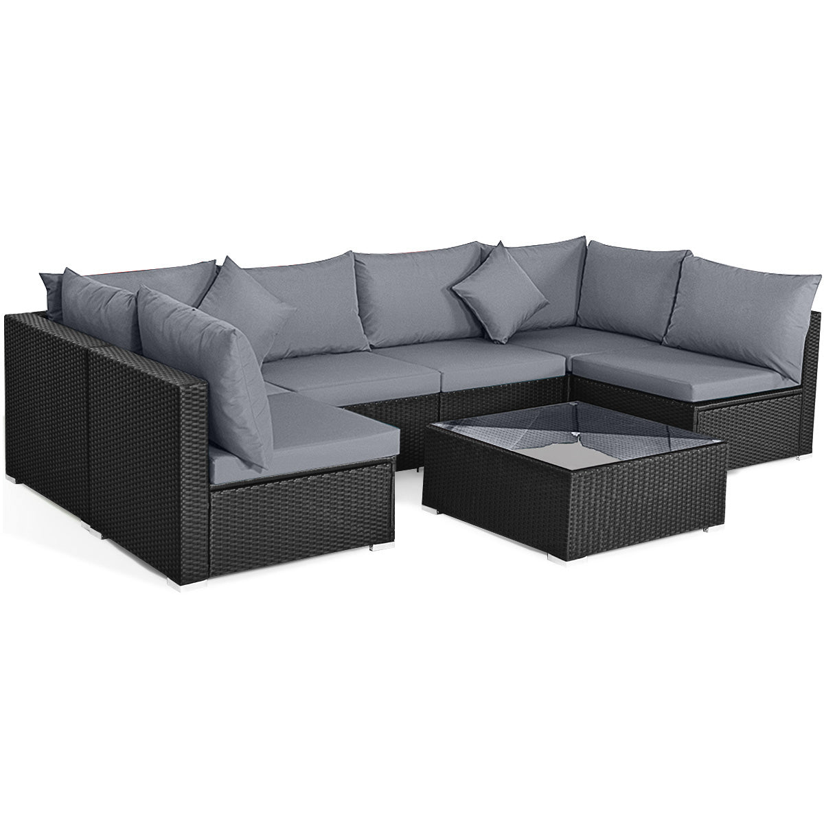 7-Piece Outdoor Sectional Wicker Patio Sofa Set with Tempered Glass Top