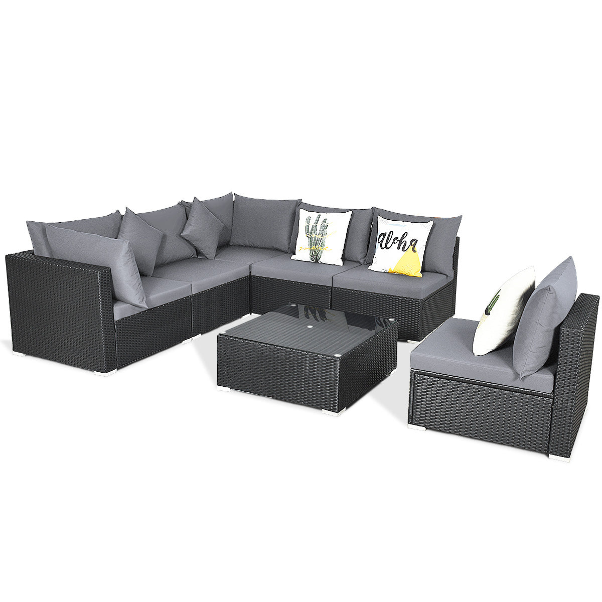 7-Piece Outdoor Sectional Wicker Patio Sofa Set with Tempered Glass Top