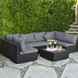 7-Piece Outdoor Sectional Wicker Patio Sofa Set with Tempered Glass Top