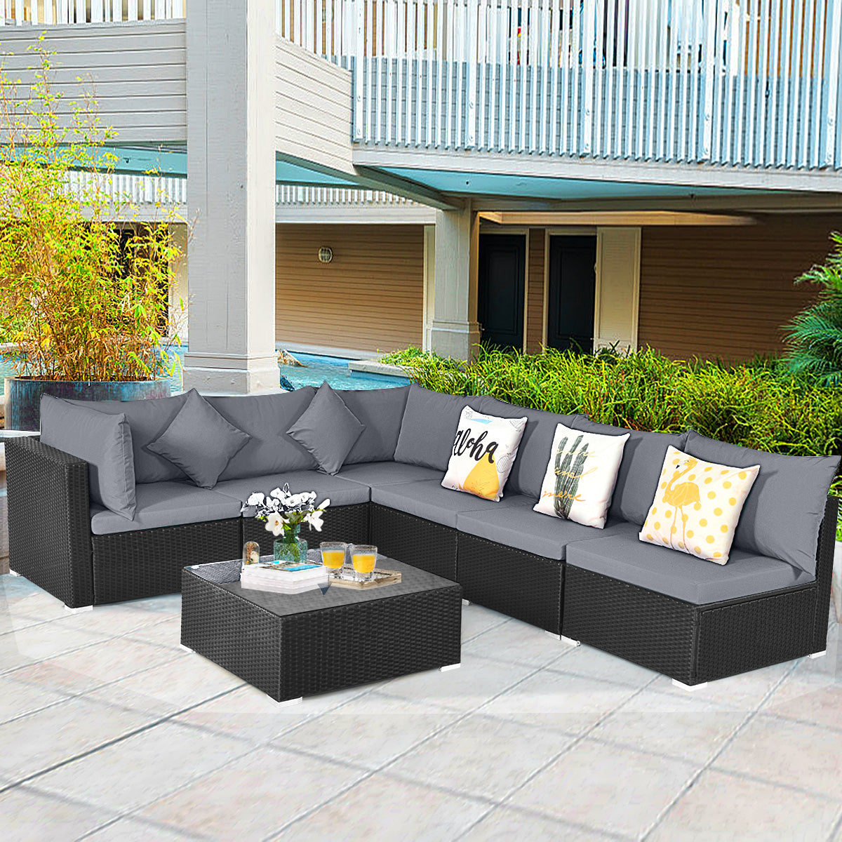7-Piece Outdoor Sectional Wicker Patio Sofa Set with Tempered Glass Top
