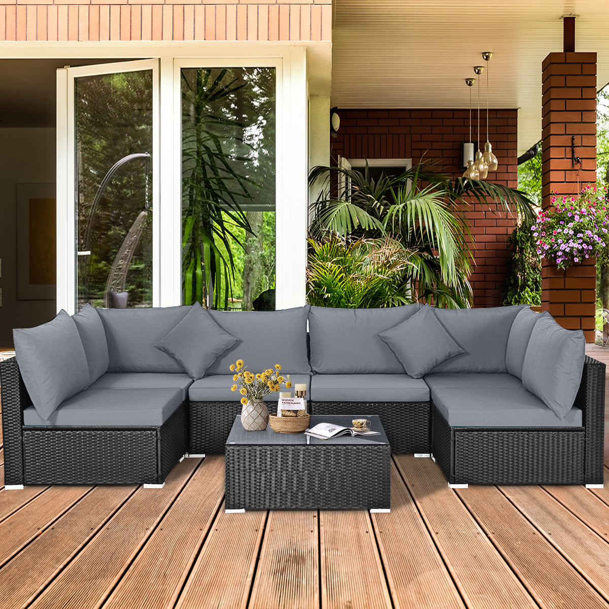 7-Piece Outdoor Sectional Wicker Patio Sofa Set with Tempered Glass Top