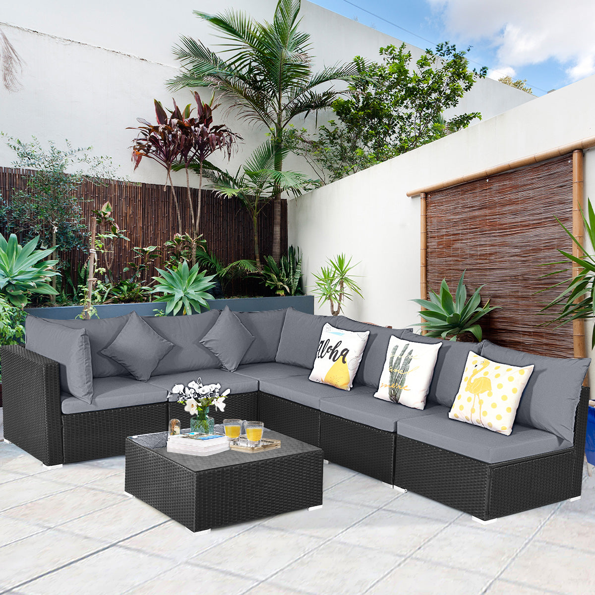 7-Piece Outdoor Sectional Wicker Patio Sofa Set with Tempered Glass Top