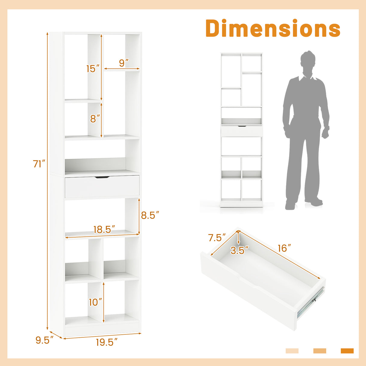 7-tier Bookshelf with Drawer 180cm Floor Standing Display Rack Storage Shelf-White