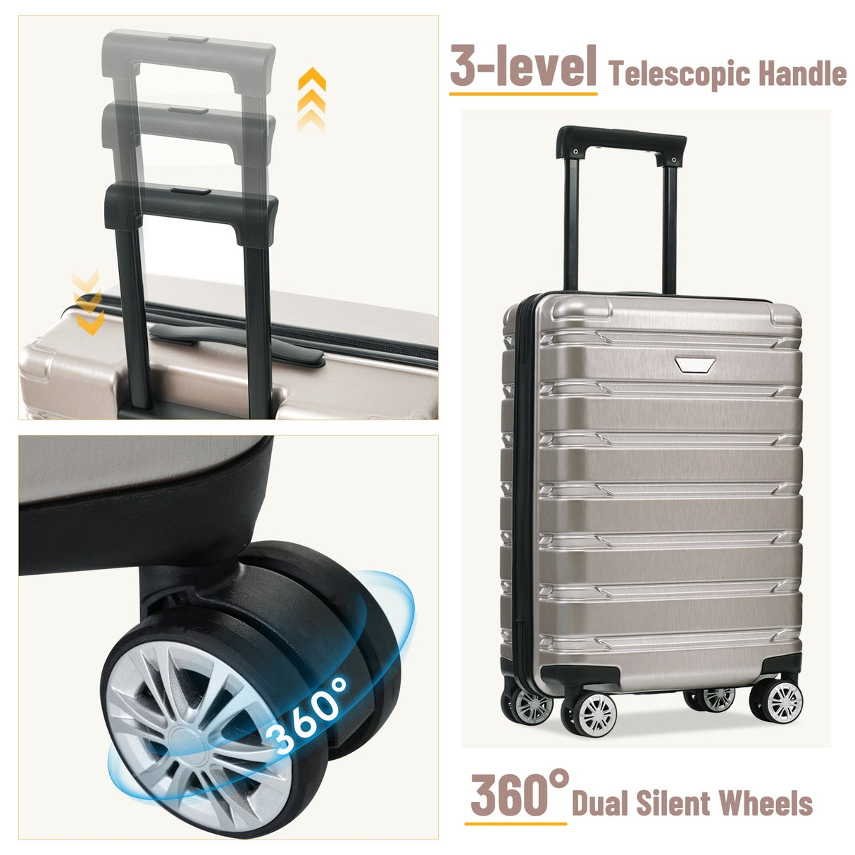 Hardshell Luggage Set 3 Piece, Durable ABS+PC Travel Suitcase with