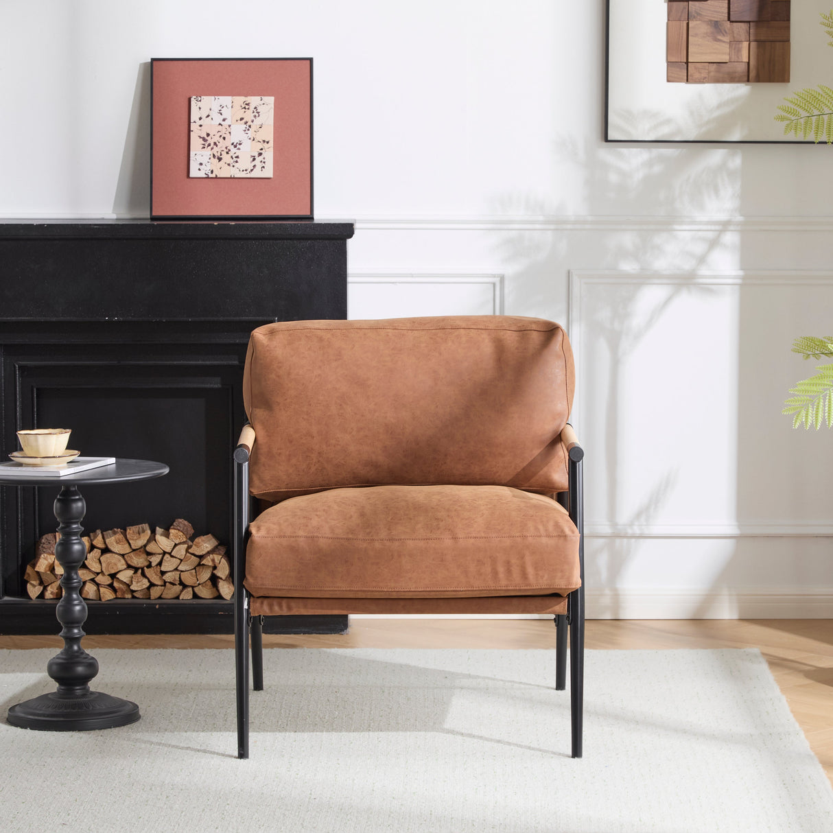 27.56' Modern Accent Chair with Plush Cushions, Minimalist Metal Frame, and Wooden Armrest Design – Perfect for Cozy Living Room, Bedroom, or Office Seating